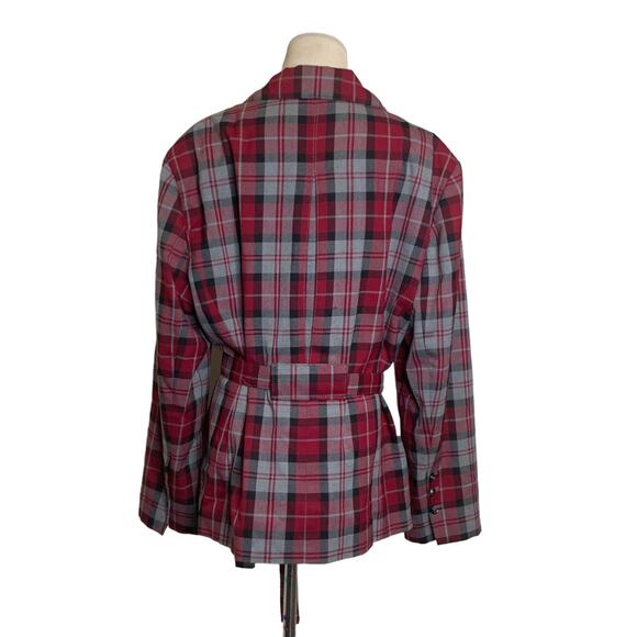 Larry Levine red plaid button belted blazer jacket size XL - Picture 2 of 9